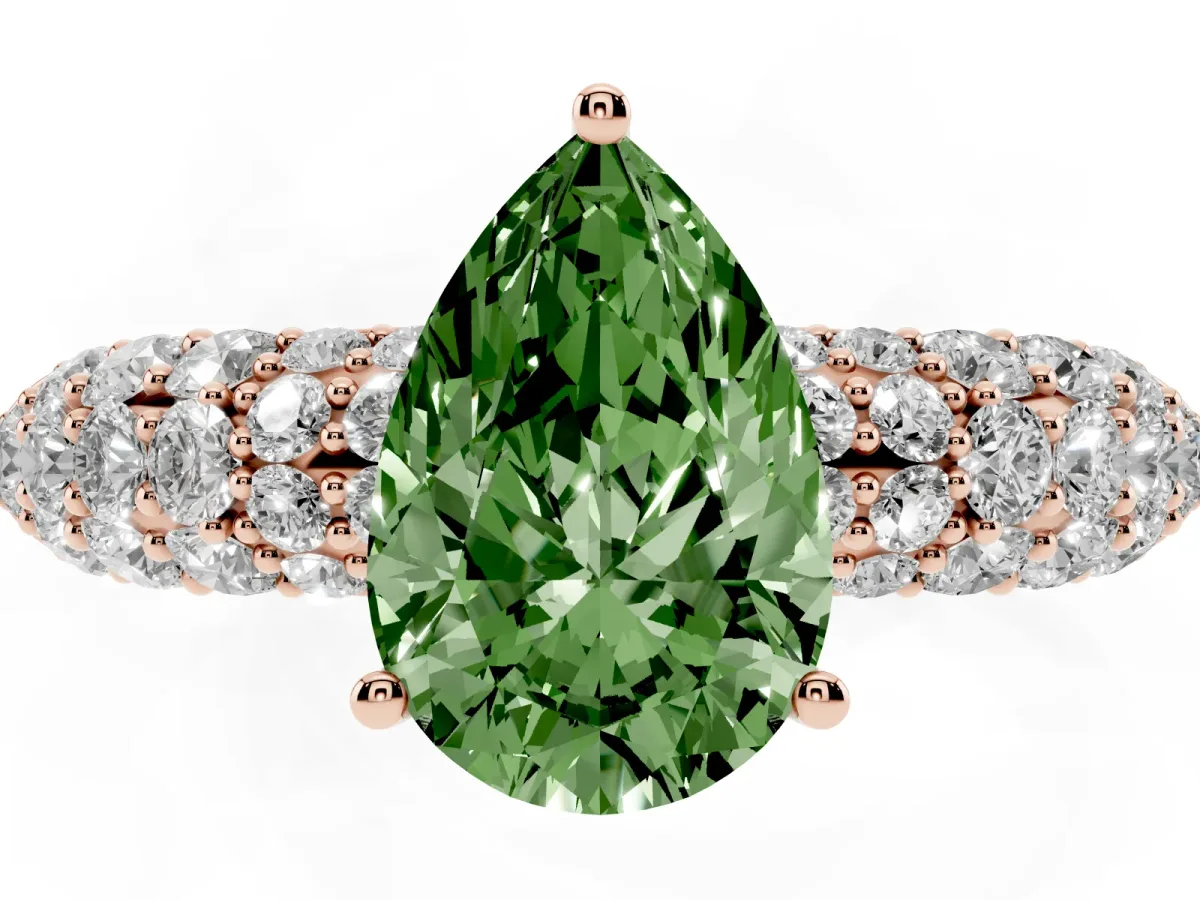 Fancy Green Pear Cut Diamond Pavé Band Solitaire Ring with Four-Prong Setting Rose gold