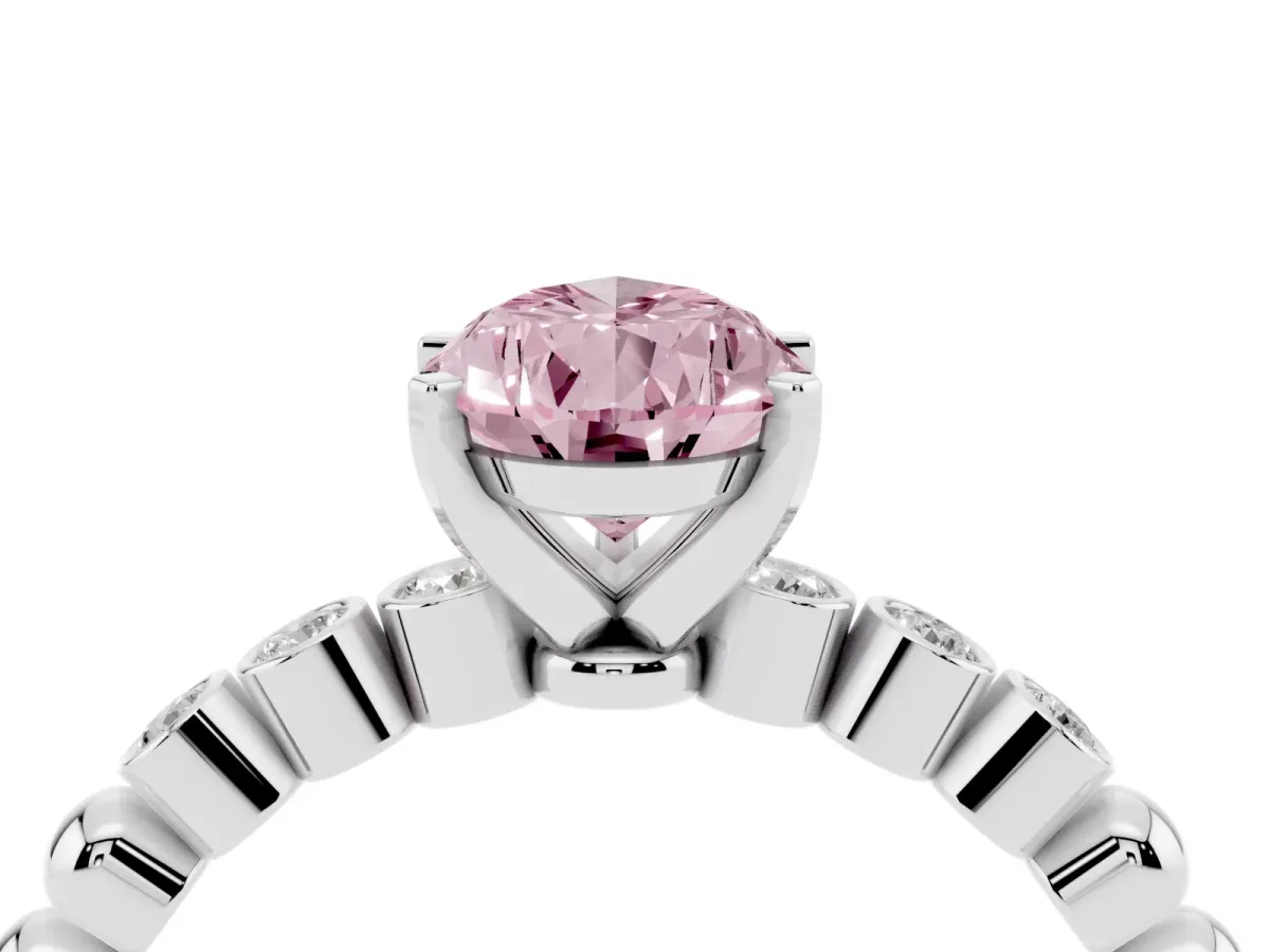 Fancy Pink Pear Cut Solitaire Bezel Accent Diamond Engagement Ring with Beaded Band and Four-Prong Setting Silver
