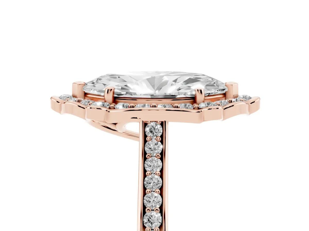 Marquise Cut Halo Round Diamond Pave Band with Four-Prong Setting Rose gold