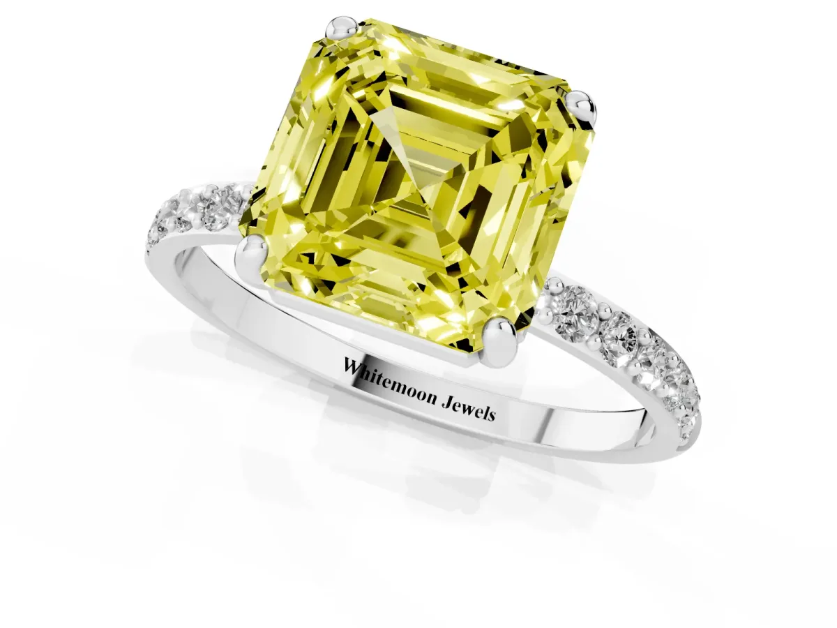 Fancy Yellow Asscher Cut Diamond Solitaire Ring with Round Pavé Band and Prong Setting Silver