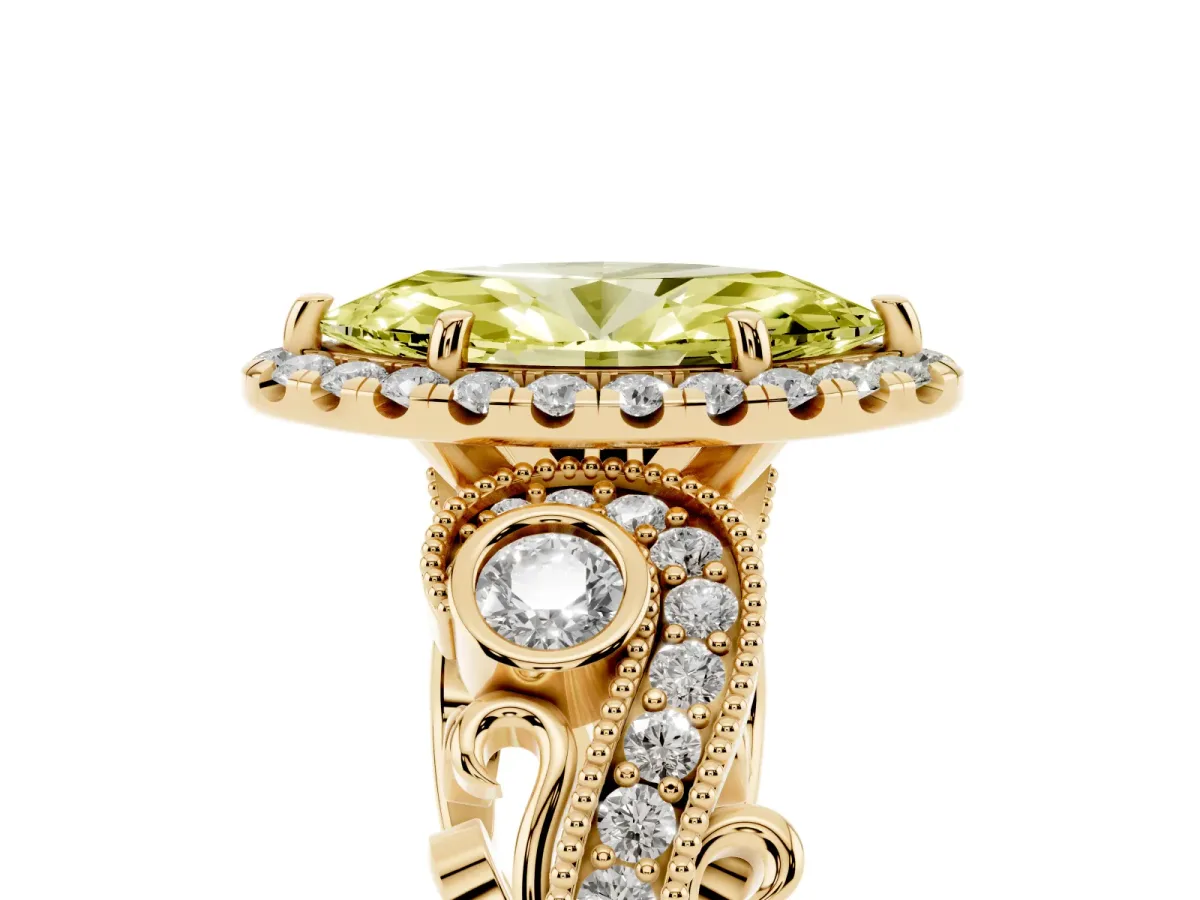 Fancy Yellow Marquise Cut Diamond Halo Ring with Milgrain Pavé Band and Four-Prong Setting Yellow gold