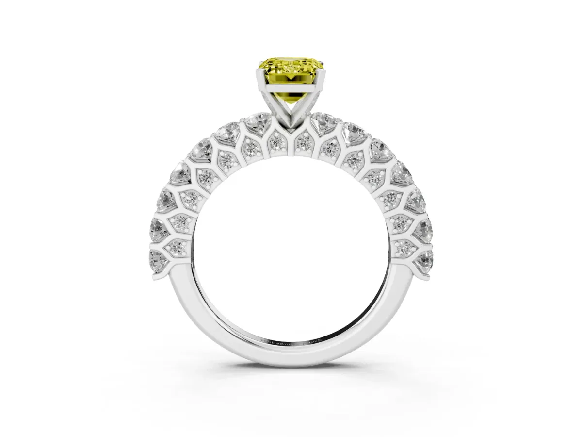 Fancy Yellow Emerald Cut Diamond Solitaire Ring with Shared Prong Pavé Band and Four-Prong Setting Silver