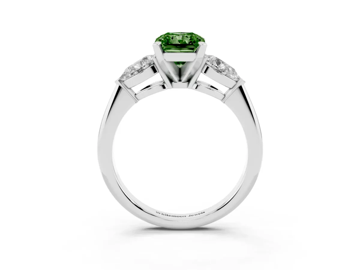 Fancy Green Three-Stone Radiant Cut Diamond Ring with Pear Side Stones and Four-Prong Setting Silver