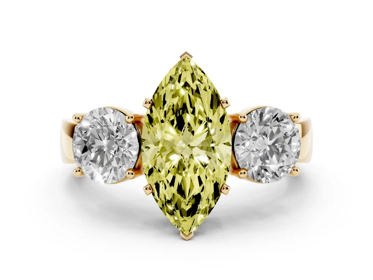 Fancy Yellow Three-Stone Marquise Cut Diamond Ring with Round Side Stones, Classic Band, and Four-Prong Setting Yellow gold