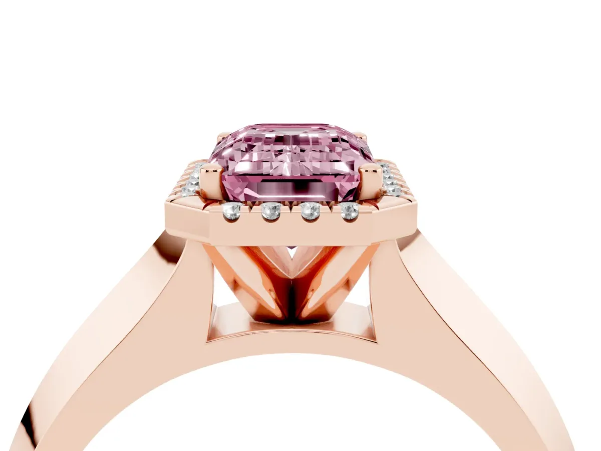 Fancy Pink Emerald Cut Halo Diamond Ring with Cathedral Band and Four-Prong Setting Rose gold