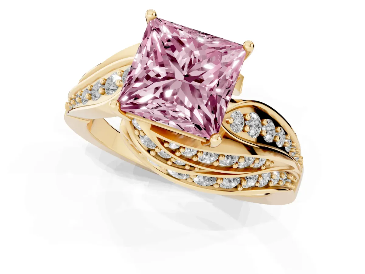 Fancy Pink Princess Cut Diamond Solitaire Ring with Prong Setting and Twisted Pavé Band Yellow gold