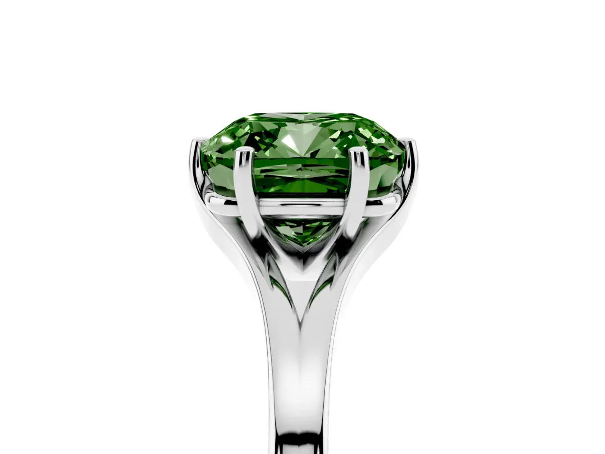 Fancy Green Cushion Cut Solitaire Diamond Ring with Six-Prong Setting and Tapered Band Silver