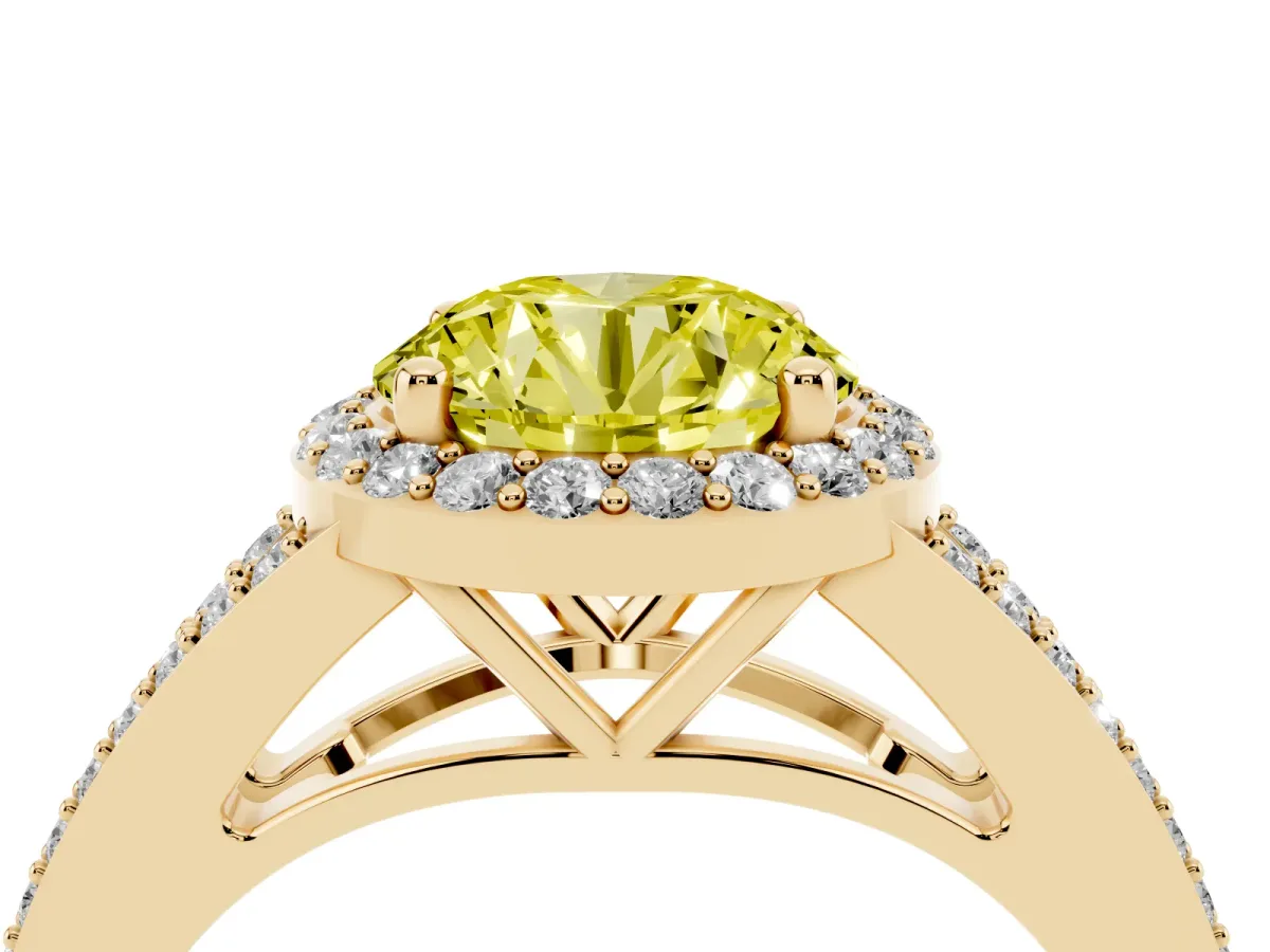 Fancy Yellow Round Cut Halo Split Shank Diamond Ring with Prong Setting Yellow gold