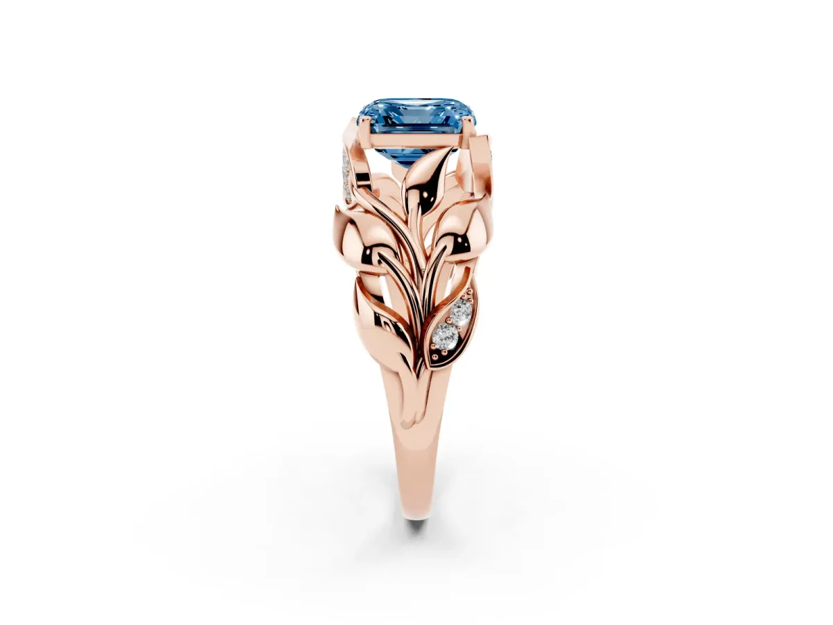 Fancy Blue Asscher Cut Diamond Leaf-Inspired Engagement Ring with Round Accents and Prong Setting Rose gold