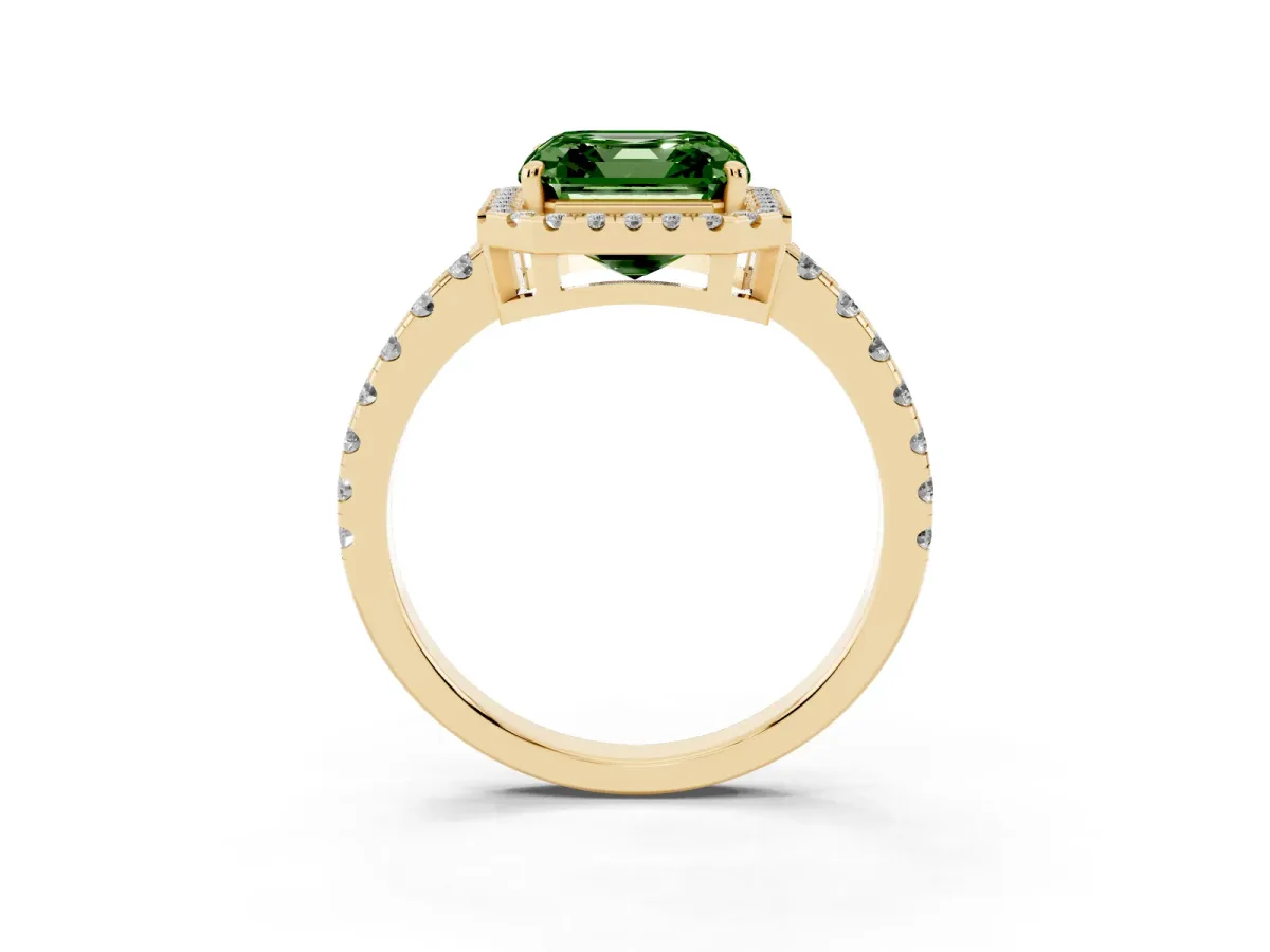 Fancy Green Asscher Cut Diamond Halo Ring with Pavé Band and Four-Prong Setting Yellow gold