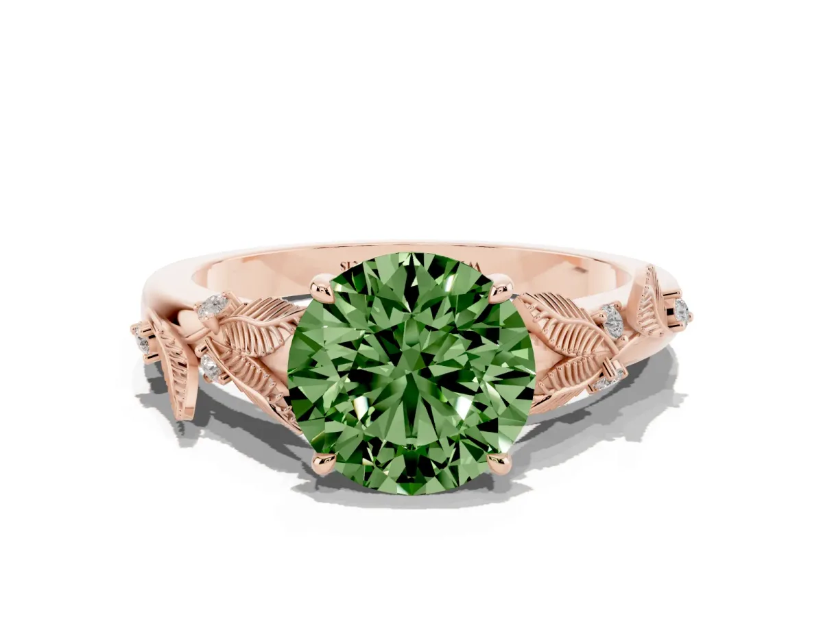 Fancy Green Round Cut Diamond Solitaire Ring with Leaf Motif Band and Four-Prong Setting Rose gold