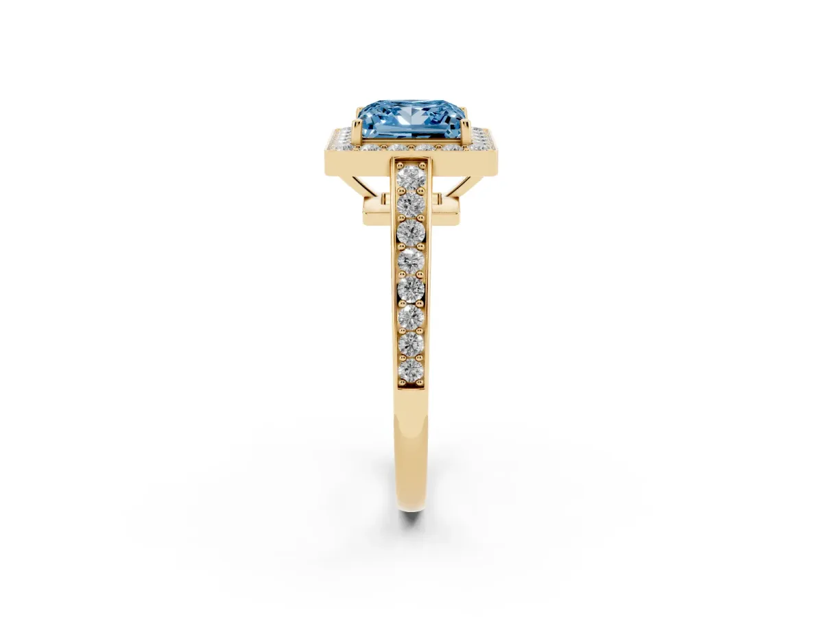 Fancy Blue Princess Cut Halo Pavé Diamond Engagement Ring with Bezel Setting Yellow gold