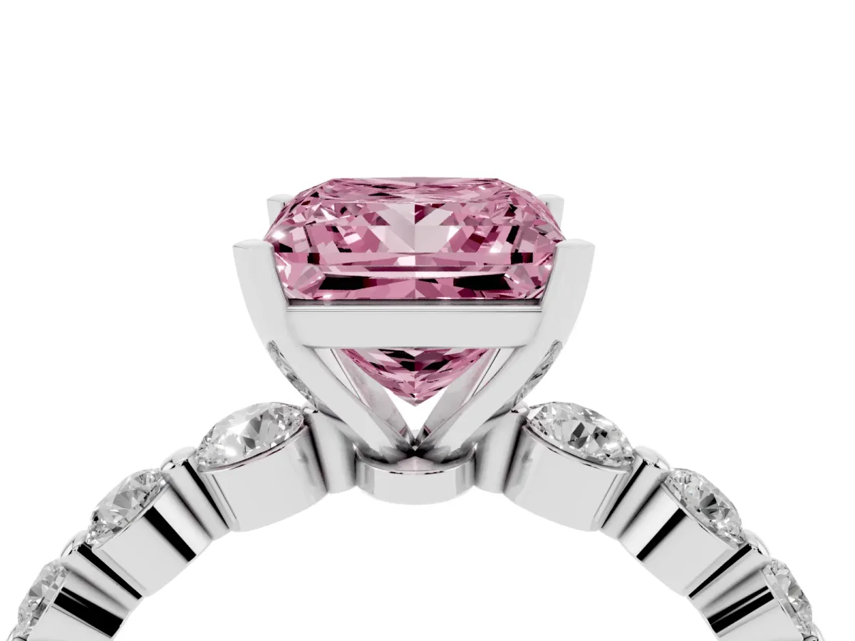 Fancy Pink Princess Cut Solitaire Diamond Ring with Pave Band and Four-Prong Setting Silver