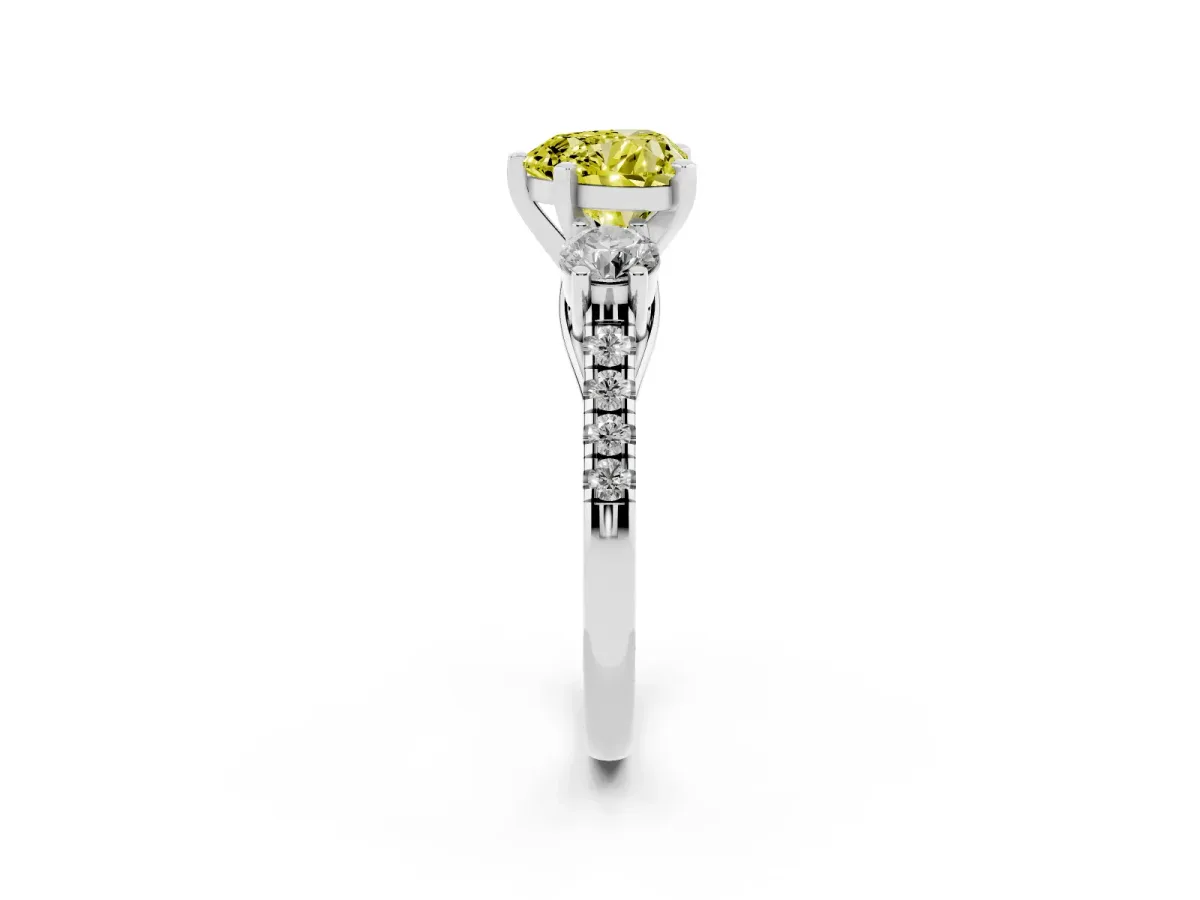 Fancy Yellow Three-Stone Heart Cut Diamond Pavé Band with Four-Prong Setting Silver