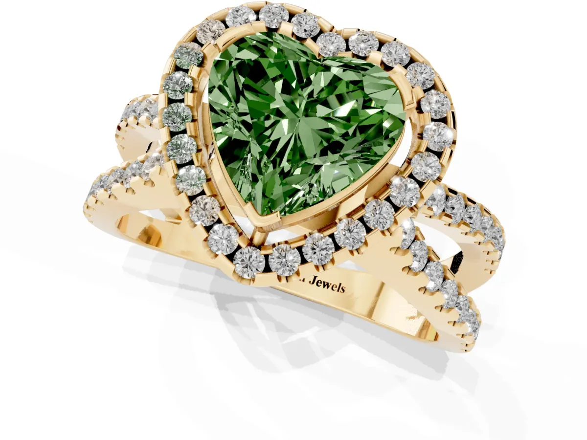 Fancy Green Heart Cut Diamond Halo Ring with Split Shank Pavé Band and Prong Setting Yellow gold