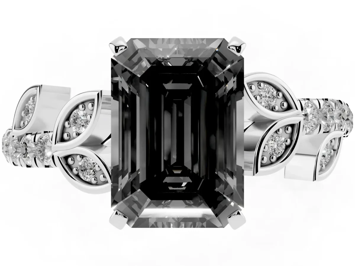Fancy Black Emerald Cut Solitaire Leaf-Inspired Diamond Ring with Pavé Band and Four-Prong Setting Silver
