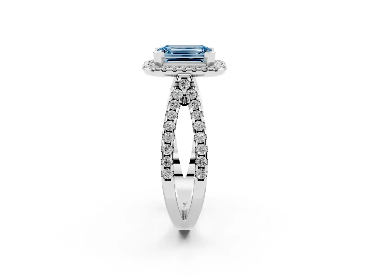 Fancy Blue Emerald Cut Diamond Halo Ring with Split Shank Pavé Band and Prong Setting Silver