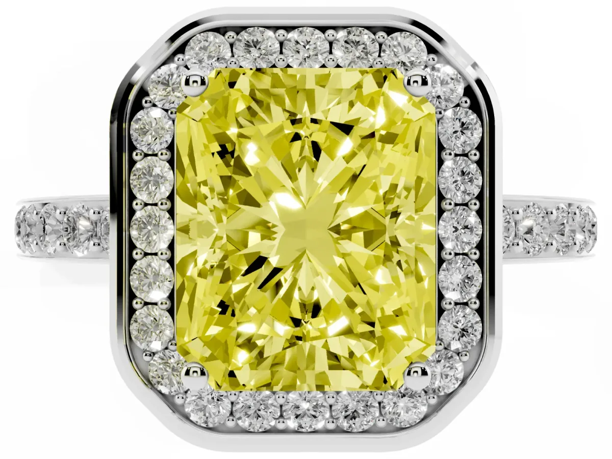 Fancy Yellow Radiant Cut Diamond Halo Ring with Bezel Frame and Pavé Band Silver