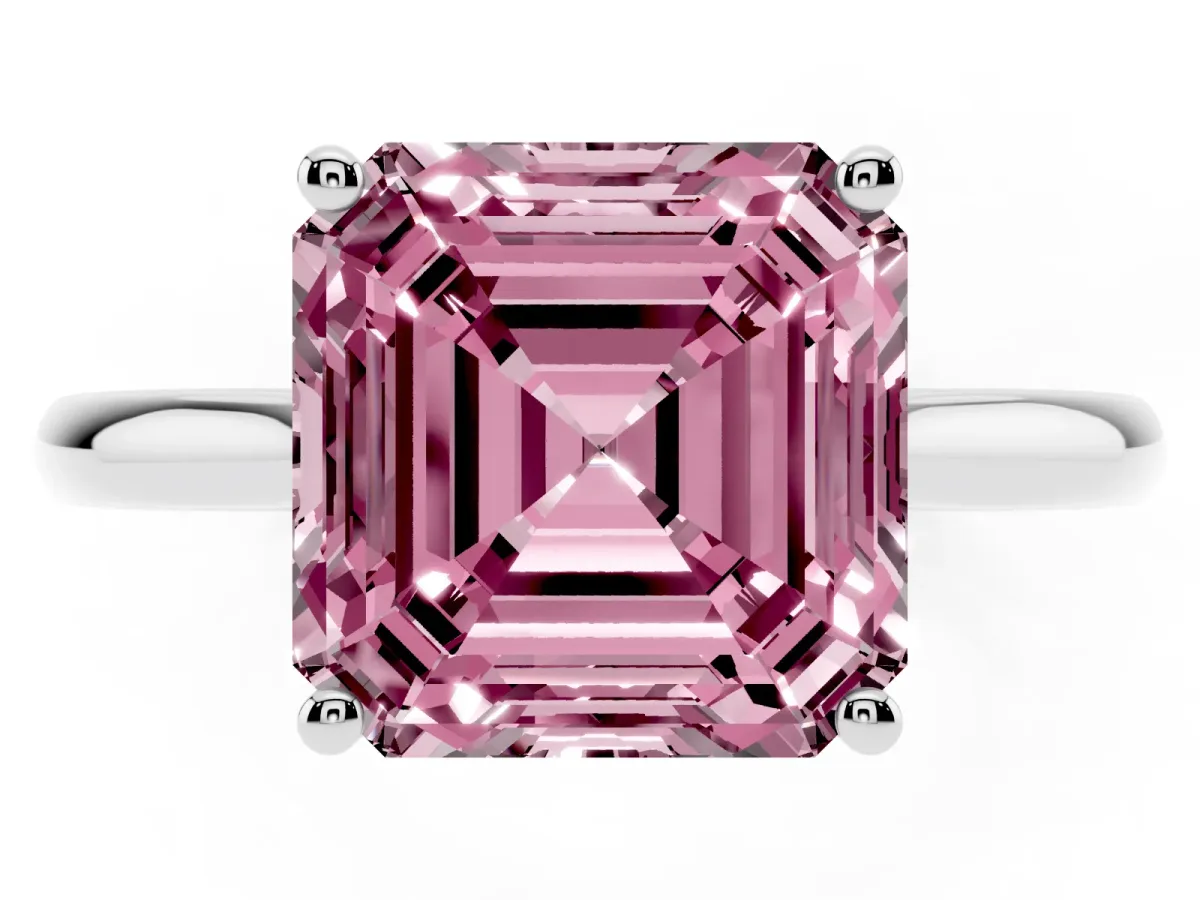 Fancy Pink Asscher Cut Cut Solitaire Ring with Cathedral Band and Four-Prong Setting Platinum