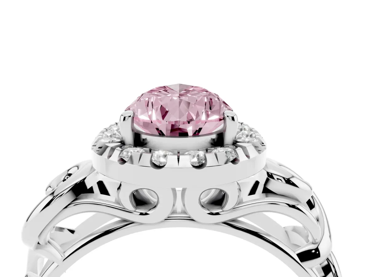 Fancy Pink Pear Cut Cut Halo Diamond Ring with Scrollwork Band and Four-Prong Setting Silver