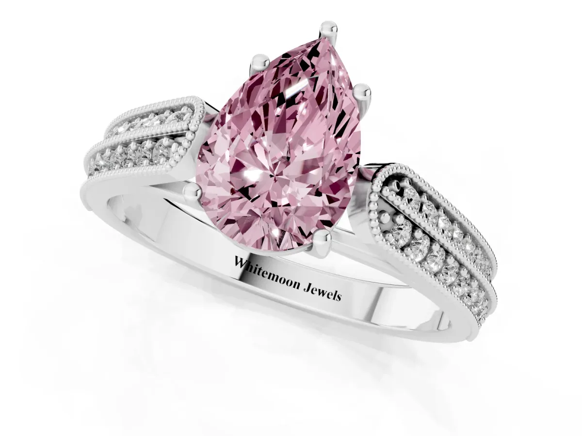 Fancy Pink Pear Cut Cut Pave Split Shank Engagement Ring with Four-Prong Setting White gold