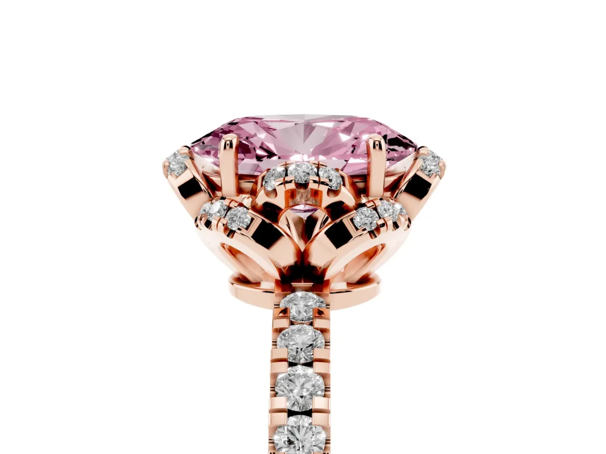 Fancy Pink Oval Cut Halo Diamond Pave Band Ring with Four-Prong Setting Rose gold