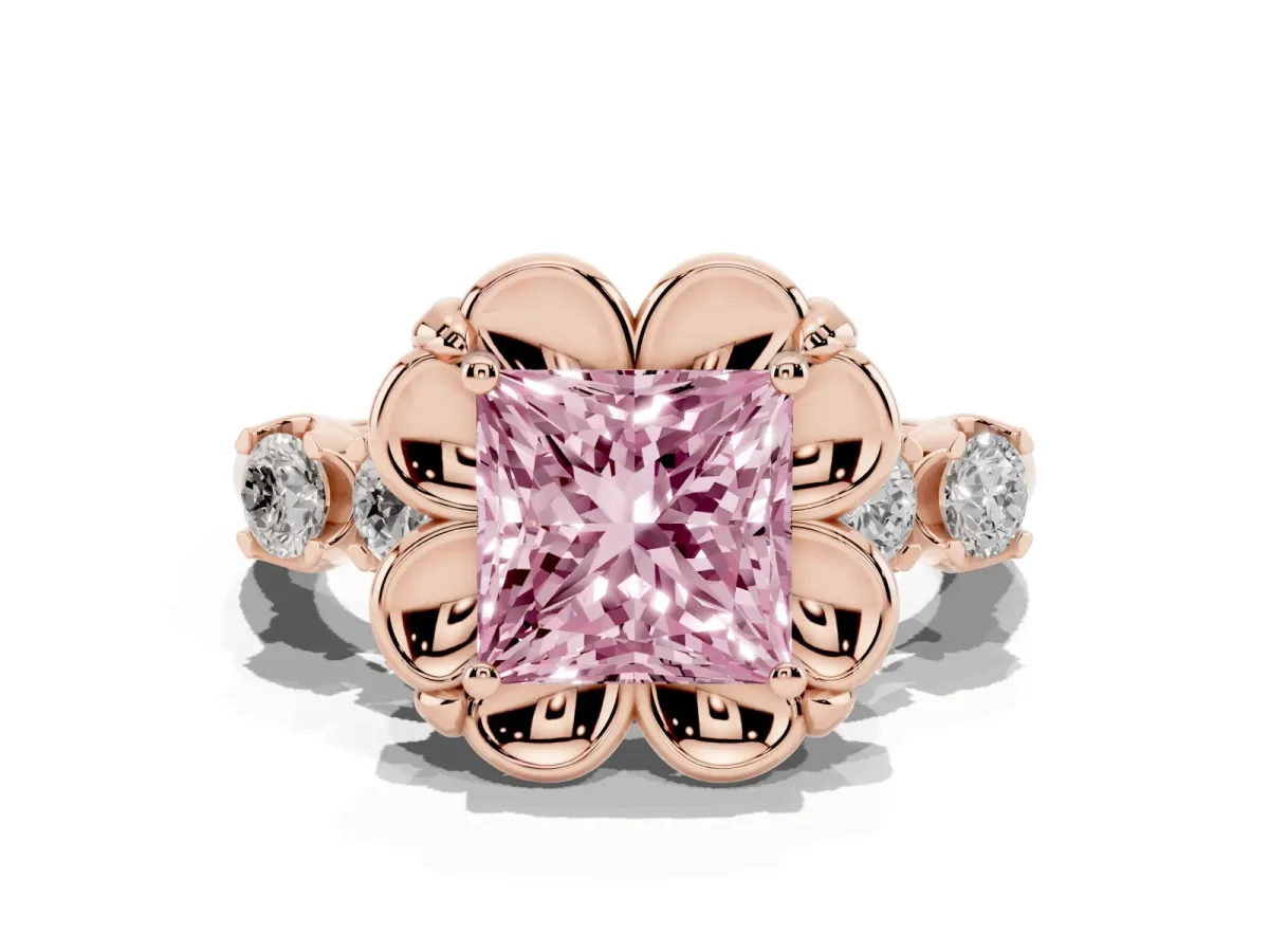 Fancy Pink Princess Cut Cut Diamond Floral Halo Engagement Ring with Shared Prong Setting Rose gold