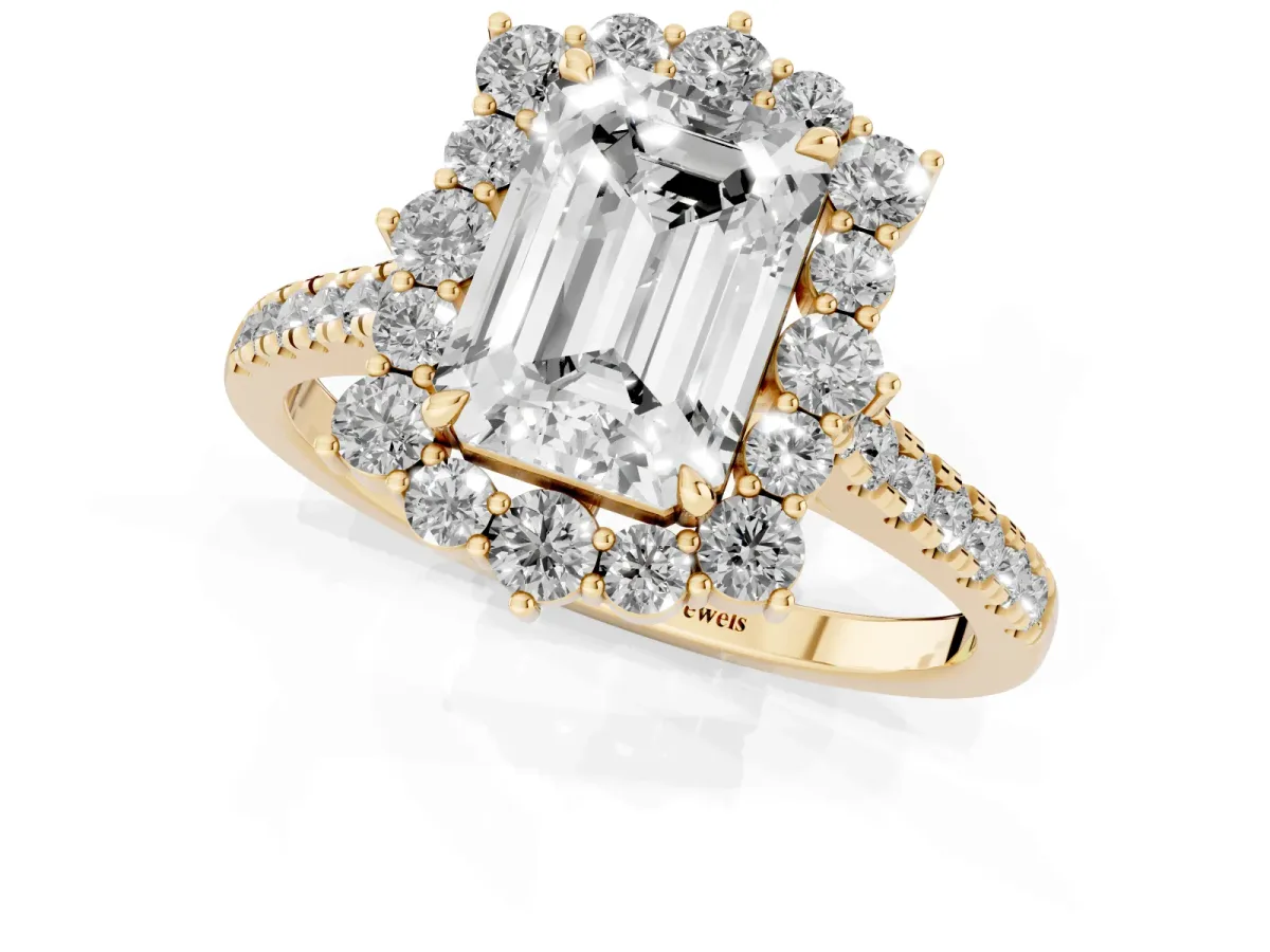Emerald Cut Halo Diamond Ring with Pavé Band and Prong Setting Yellow gold