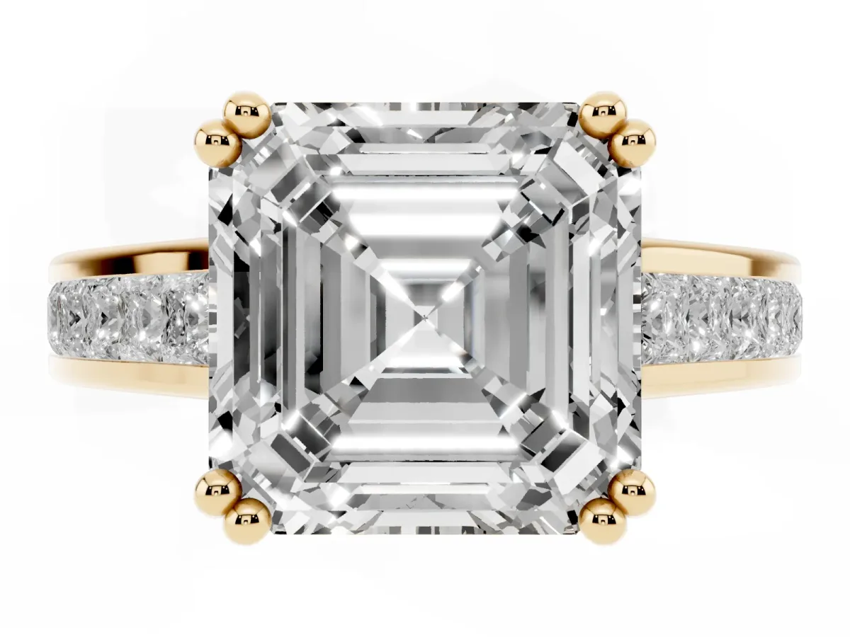 Asscher Cut Cut Channel Set Solitaire Engagement Ring with Prong Setting Yellow gold