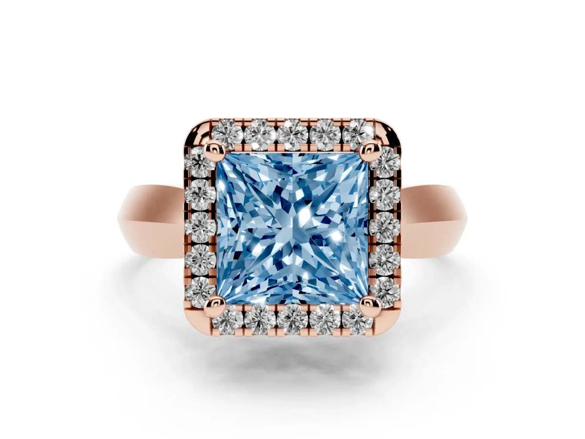 Fancy Blue Princess Cut Cut Halo Solitaire Engagement Ring with Square Band and Four-Prong Setting Rose gold