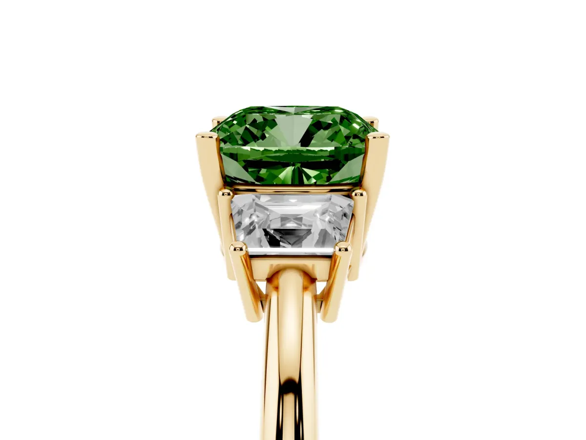 Fancy Green Cushion Cut Diamond Three-Stone Ring with Trapezoid Side Stones and Prong Setting Yellow gold