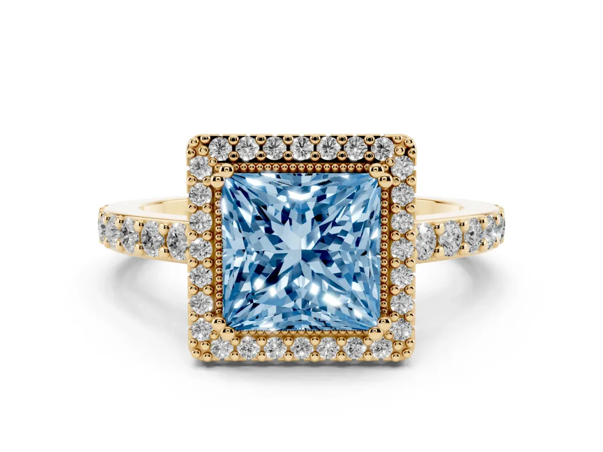 Fancy Blue Princess Cut Cut Diamond Halo Engagement Ring with Milgrain Detail and Pavé Band Yellow gold