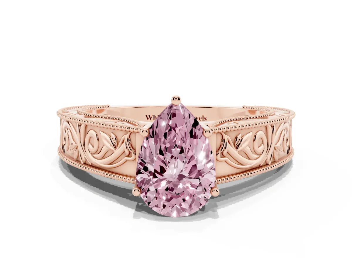 Fancy Pink Pear Cut Diamond Solitaire Ring with Engraved Band and Four-Prong Setting Rose gold