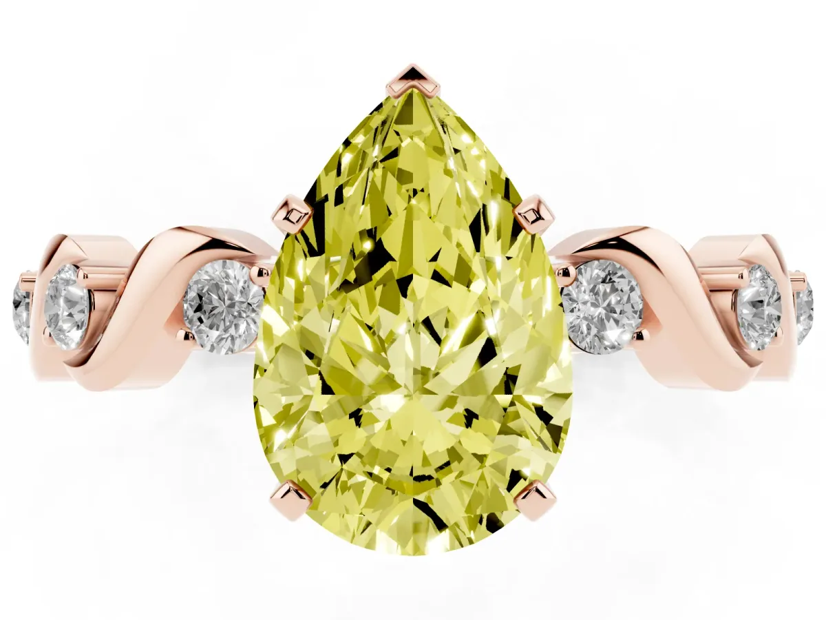Fancy Yellow Pear Cut Diamond Solitaire Twisted Band with Round Accents and Prong Setting Rose gold
