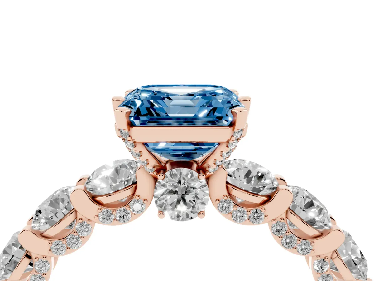 Fancy Blue Asscher Cut Diamond Side Stone Engagement Ring with Four-Prong Setting Rose gold