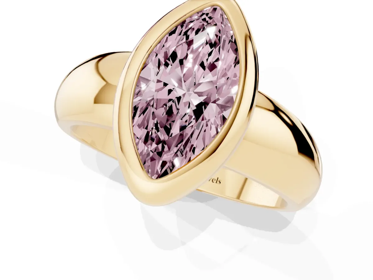 Fancy Pink Bezel Set Marquise Cut Solitaire Ring with Wide Band Yellow gold
