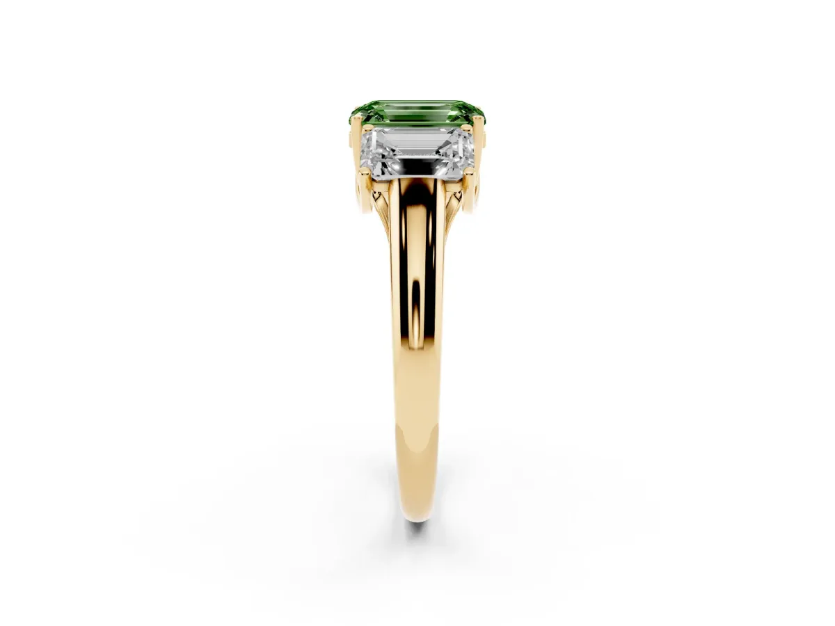 Fancy Green Three-Stone Emerald Cut Diamond Engagement Ring with Prong Setting Yellow gold