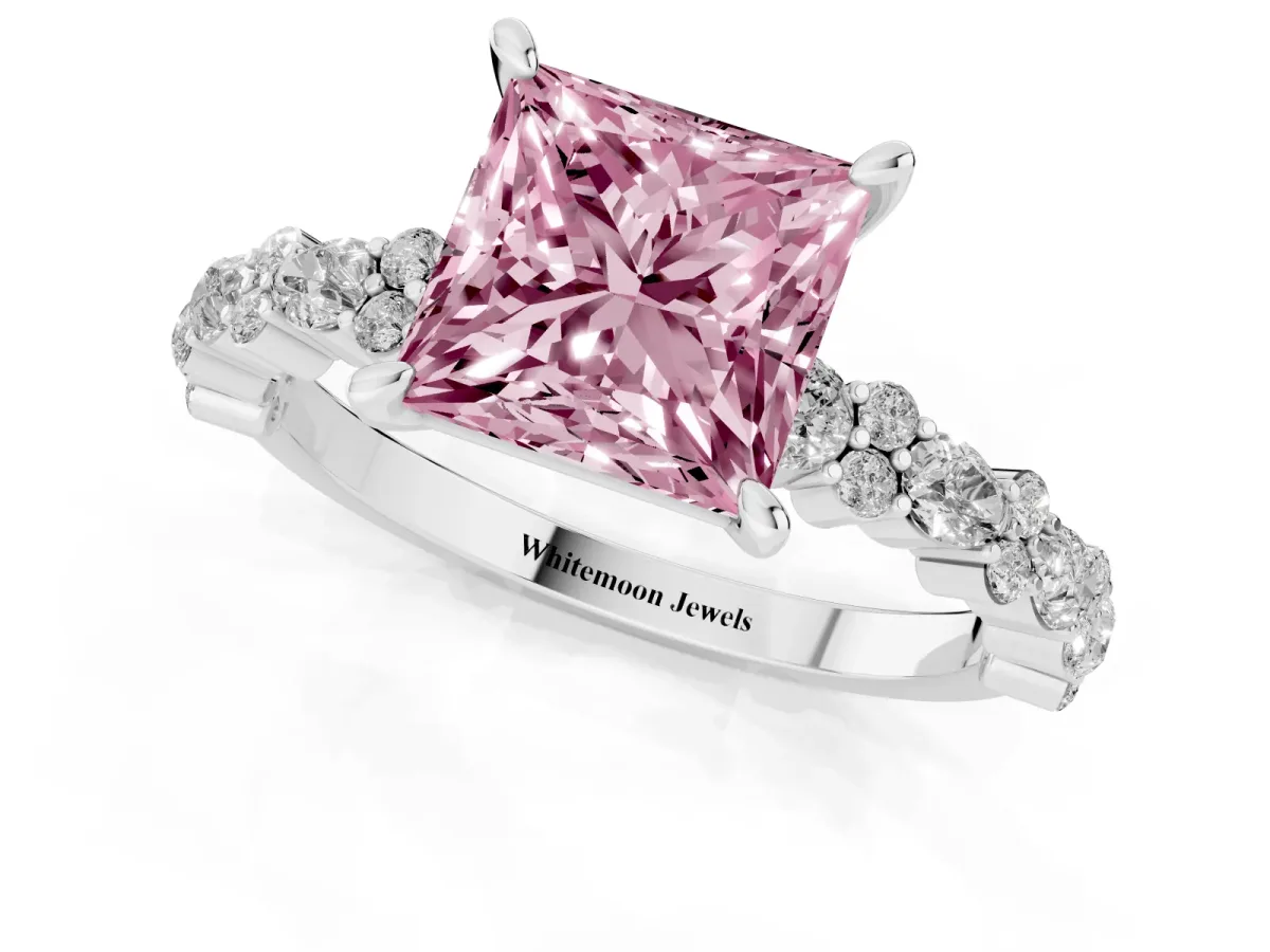 Fancy Pink Princess Cut Diamond Side Stone Solitaire Ring with Round and Four-Prong Setting Silver