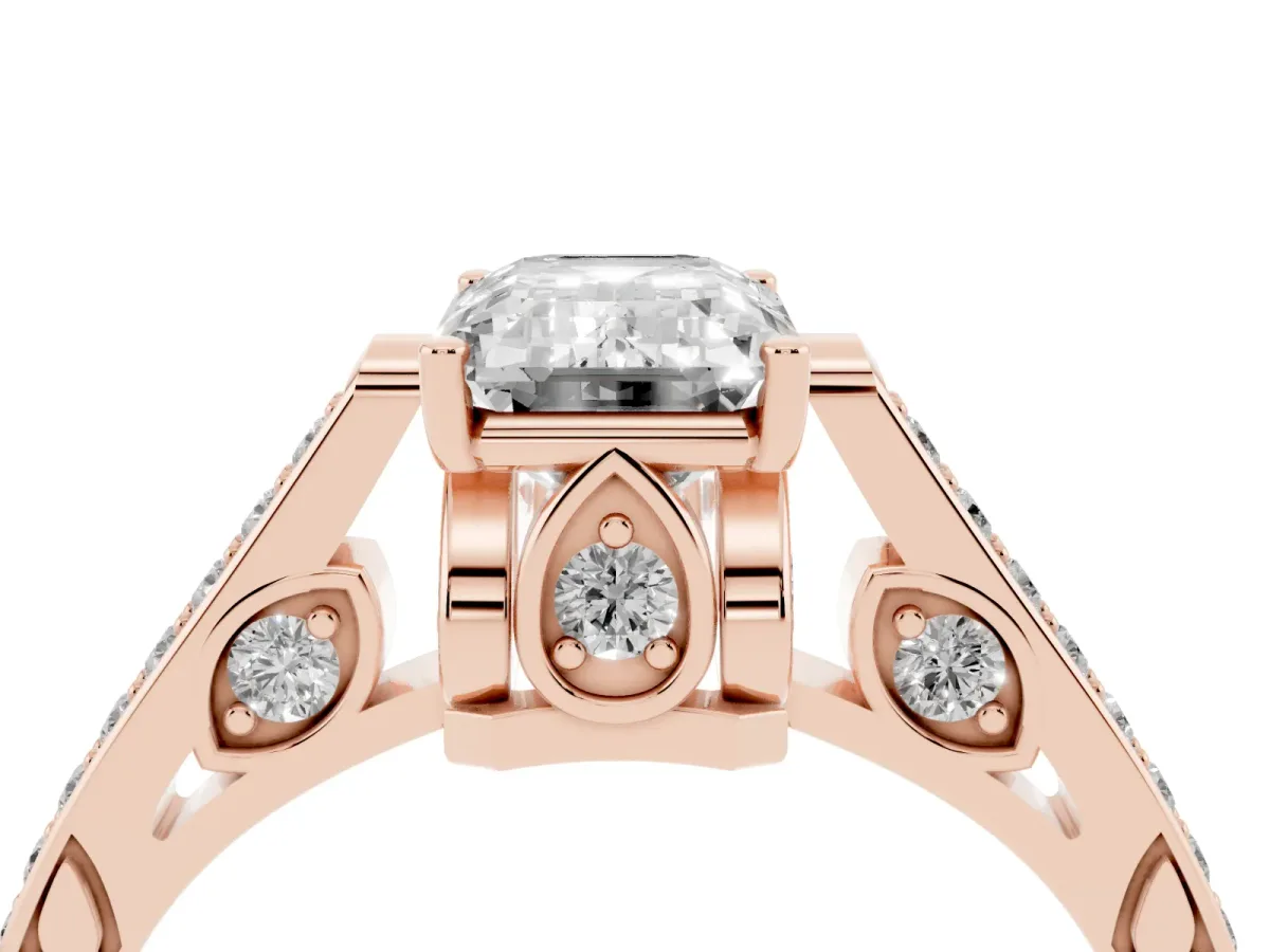 Emerald Cut Cut Cathedral Pave Diamond Engagement Ring with Six-Prong Setting Rose gold