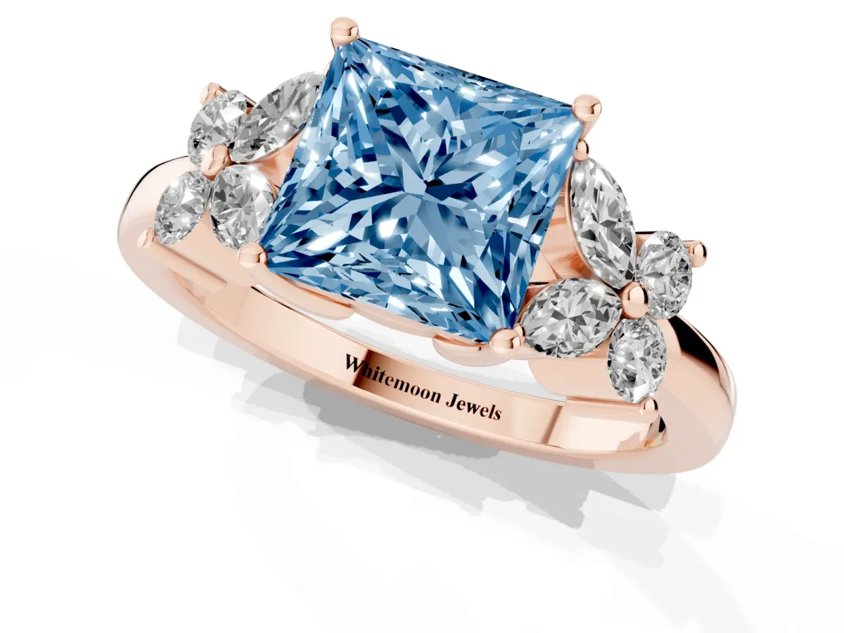 Fancy Blue Princess Cut Diamond Floral Cluster Ring with Solitaire Band and Prong Setting Rose gold