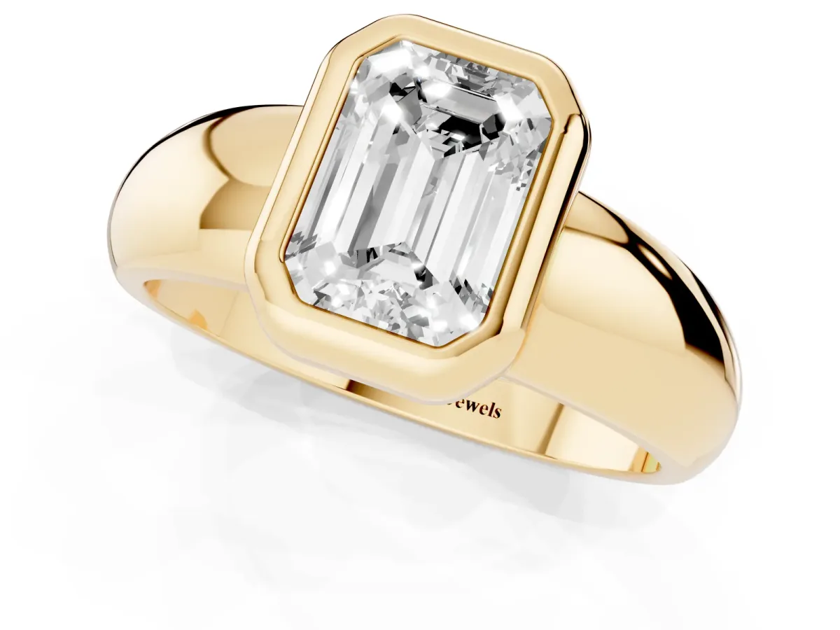 Bezel Set Emerald Cut Solitaire Ring with Wide Band Yellow gold