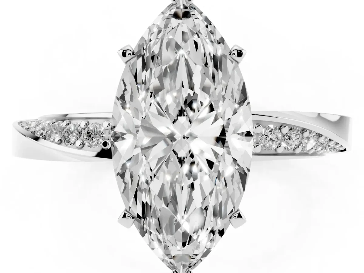Marquise Cut Diamond Engagement Ring with Side Stone Accents and Four-Prong Setting Silver