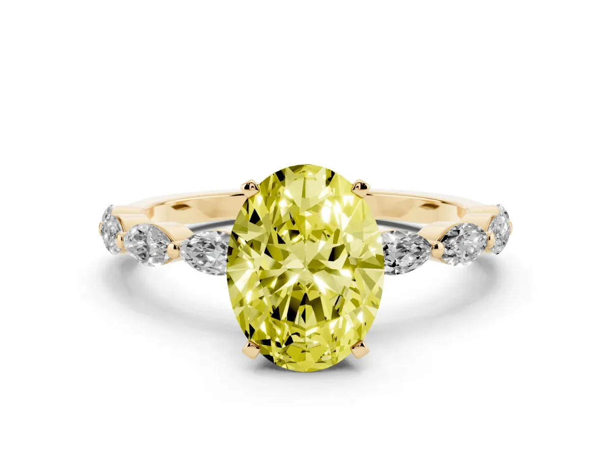Fancy Yellow Oval Cut Diamond Ring with Marquise Side Stones and Prong Setting Yellow gold