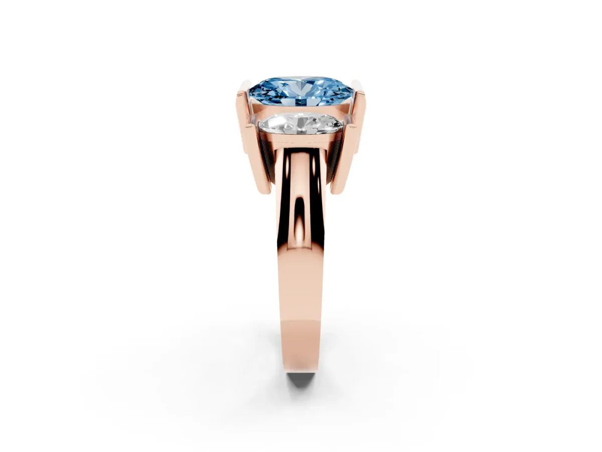 Fancy Blue Three Stone Oval Cut Cut Channel Set Diamond Ring Rose gold