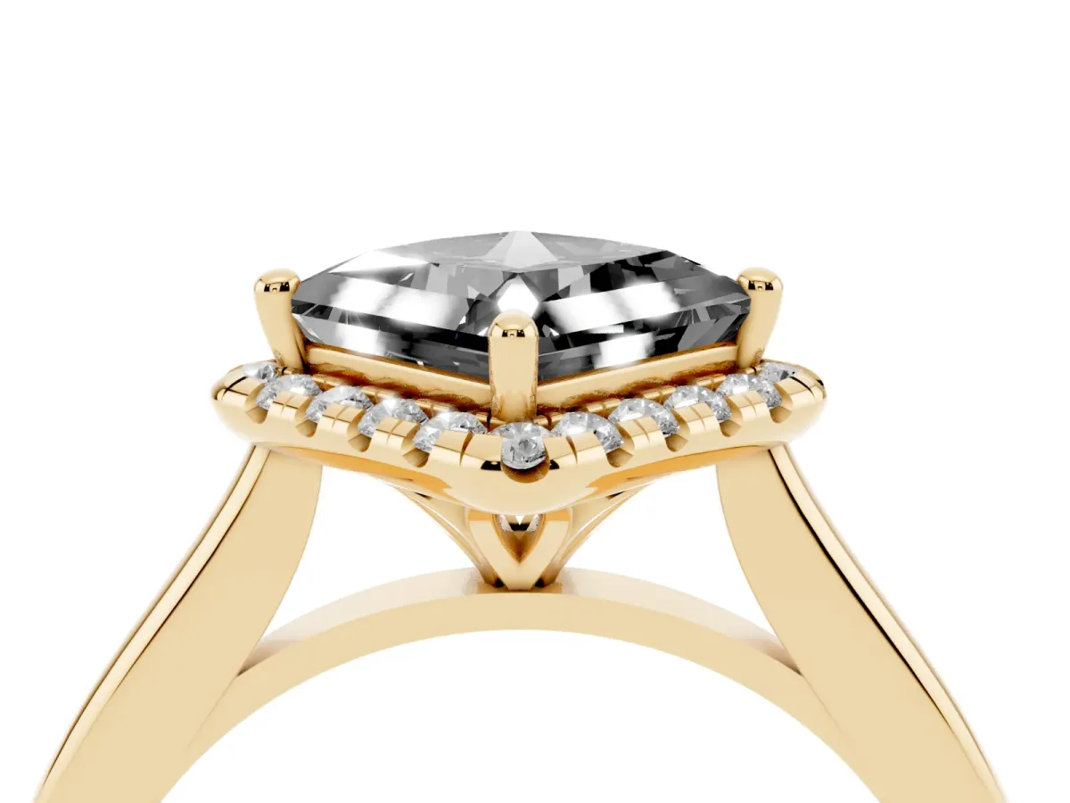 Fancy Black Princess Cut Halo Round Diamond Solitaire Engagement Ring with Pave Band and Four-Prong Setting Yellow gold