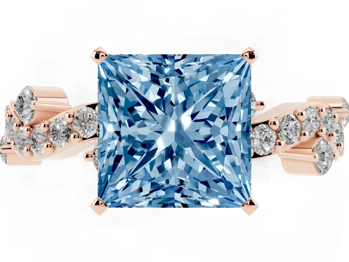 Fancy Blue Princess Cut Cut Solitaire Diamond Twisted Band with Pave Setting Rose gold