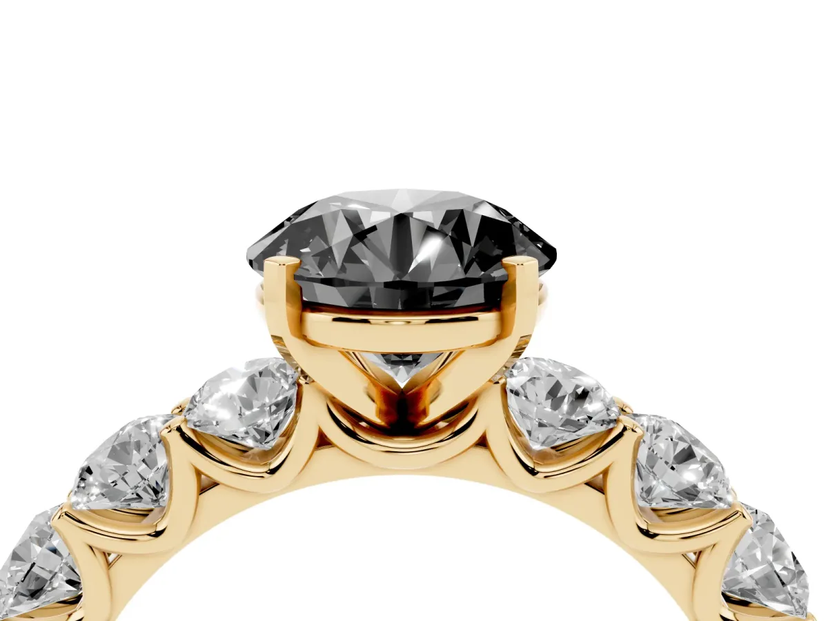Fancy Black Round Cut Diamond Prong Setting with Side Stones on a Pave Band Yellow gold