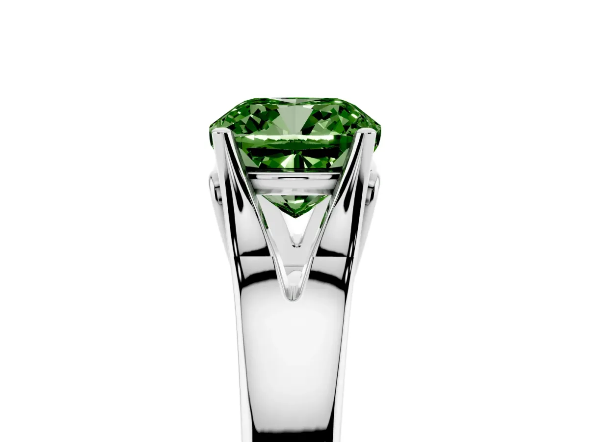 Fancy Green Cushion Cut Solitaire Diamond Ring with Cathedral Band and Four-Prong Setting Silver