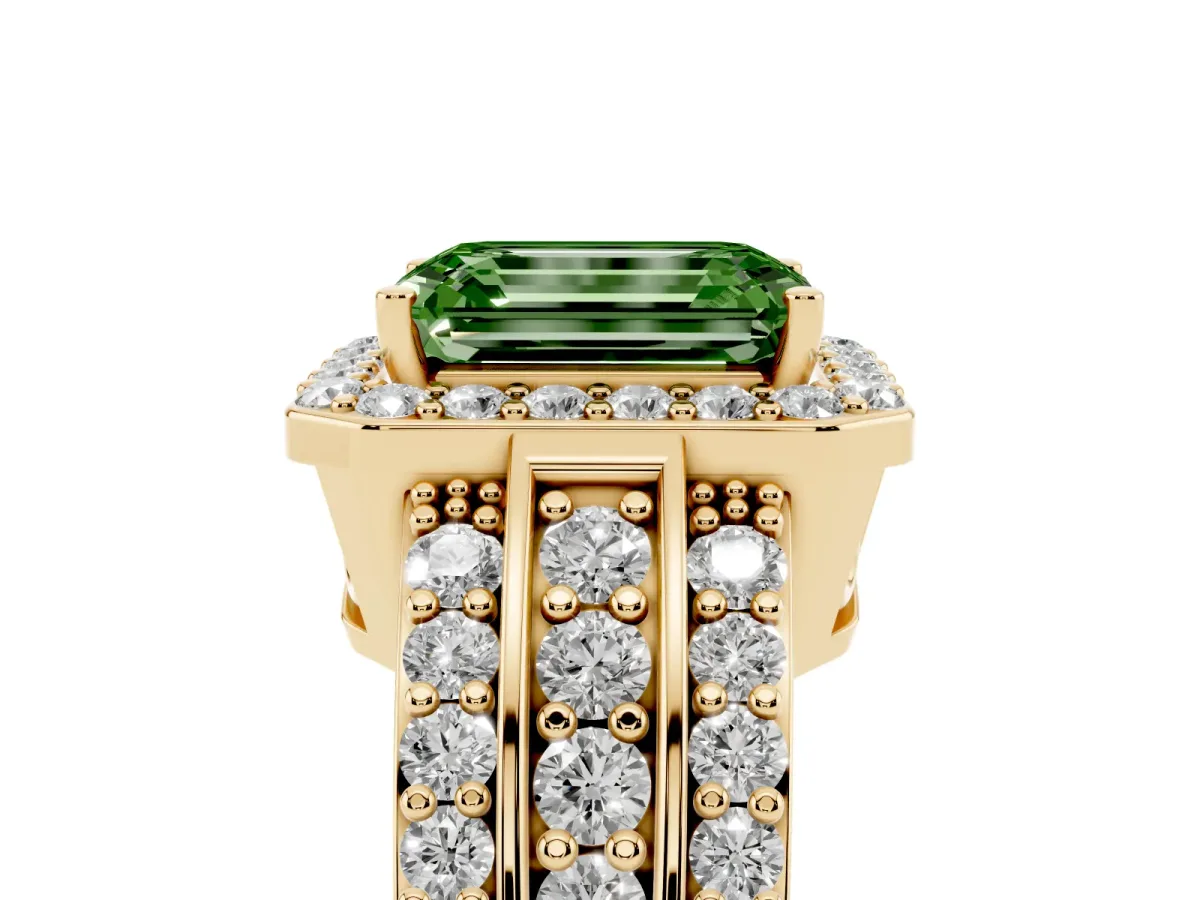 Fancy Green Emerald Cut Halo Diamond Ring with Round Split Shank and Prong Setting Yellow gold