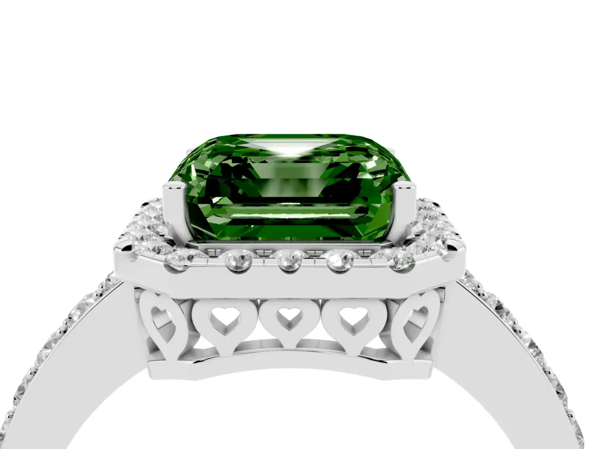 Fancy Green Asscher Cut Halo Diamond Pavé Band Ring with Prong Setting Silver